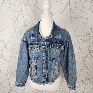 Kiwi K Acid Wash Pearl Studded Distressed Denim Jacket